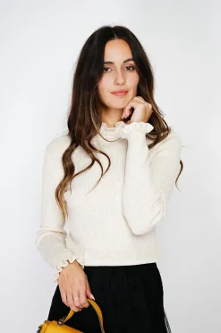 Pull en Cachemire & Soie mélangés col montant crème-C&Jo Discount