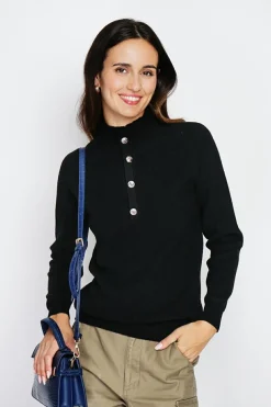 Pull en Cachemire & Soie mélangés col montant boutonné noir-Assuili Best
