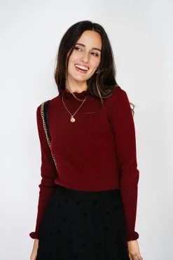 Pull en Cachemire & Soie mélangés col montant bordeaux-C&Jo Sale
