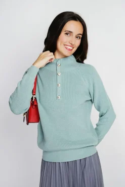 Femme Assuili Pulls^Pull en Cachemire & Soie mélangés col montant boutonné jade