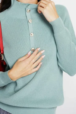 Femme Assuili Pulls^Pull en Cachemire & Soie mélangés col montant boutonné jade