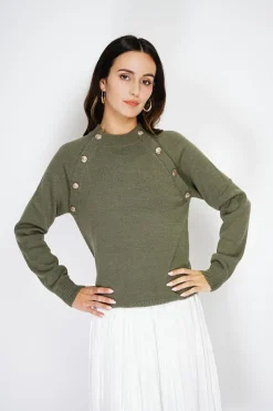 Pull en Cachemire mélangé boutons fantaisie kaki-C&Jo Clearance