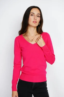 Pull en Cachemire mélangé col V fushia-Assuili Online
