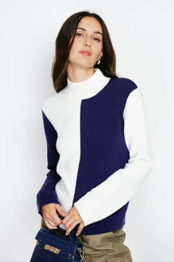 Pull en Cachemire mélangé col montant naturel/nuit-Assuili Online