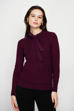 Femme C&Jo Pulls^Pull en Cachemire mélangé col V à noeud bordeaux