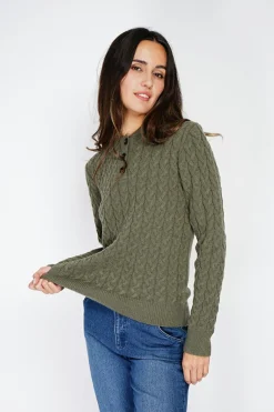 Pull en Cachemire mélangé col boutonné kaki-C&Jo