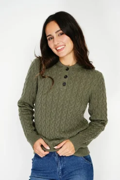 Pull en Cachemire mélangé col boutonné kaki-C&Jo