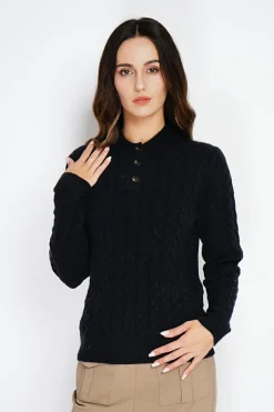 Pull en Cachemire mélangé col boutonné noir-C&Jo Online