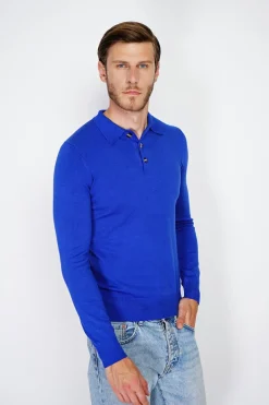 Homme C&Jo Pulls^Pull en Cachemire mélangé col polo à boutons royal