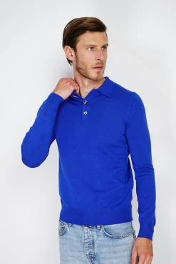 Homme C&Jo Pulls^Pull en Cachemire mélangé col polo à boutons royal