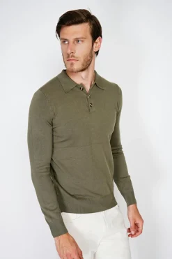 Pull en Cachemire mélangé col polo à boutons kaki-C&Jo Sale
