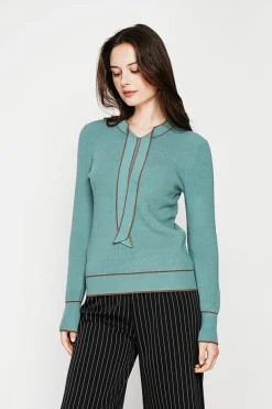 Pull en Cachemire mélangé col V à noeud turquoise-C&Jo New