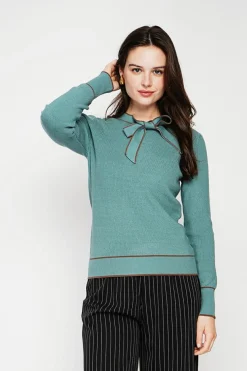 Pull en Cachemire mélangé col V à noeud turquoise-C&Jo New