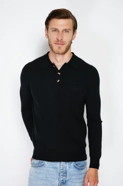 Homme C&Jo Pulls^Pull en Cachemire mélangé col polo à boutons noir