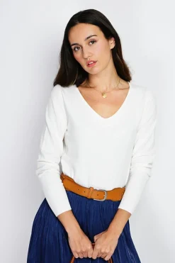 Pull en Cachemire mélangé col V naturel-Assuili New