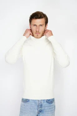 Pull en Cachemire mélangé col roulé naturel-C&Jo Discount