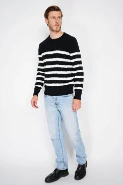 Pull en Cachemire mélangé ras du cou marinière noir-C&Jo Clearance
