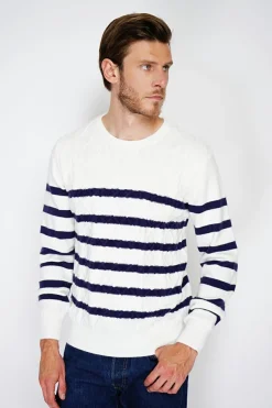 Pull en Cachemire mélangé ras du cou marinière naturel-C&Jo Discount