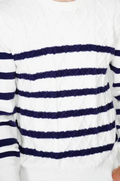 Pull en Cachemire mélangé ras du cou marinière naturel-C&Jo Discount