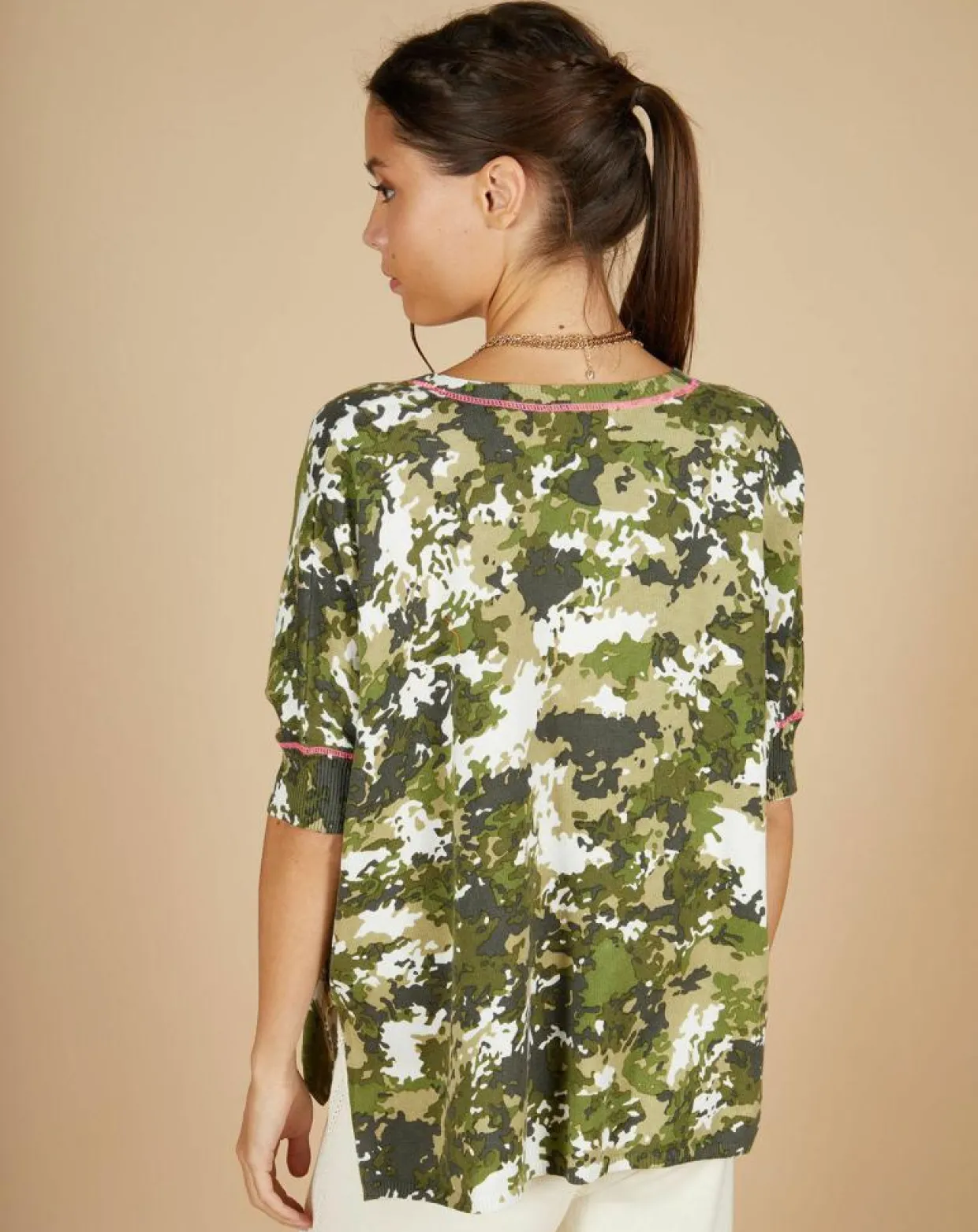 Pull en Coton & Cachemire Maya à motif kaki-Cashmere Tribu Online
