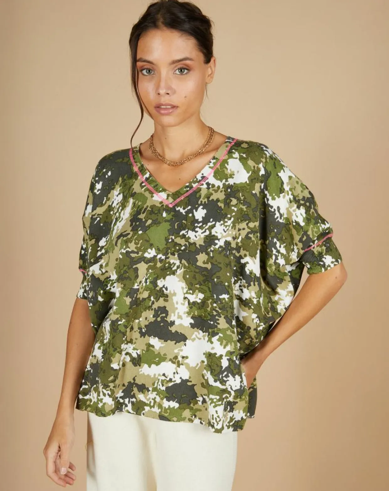 Pull en Coton & Cachemire Maya à motif kaki-Cashmere Tribu Online
