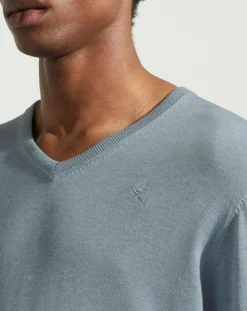 Pull en Coton & Soie col V bleu moyen chiné-Hackett London New