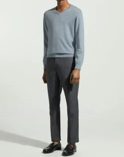 Pull en Coton & Soie col V bleu moyen chiné-Hackett London New