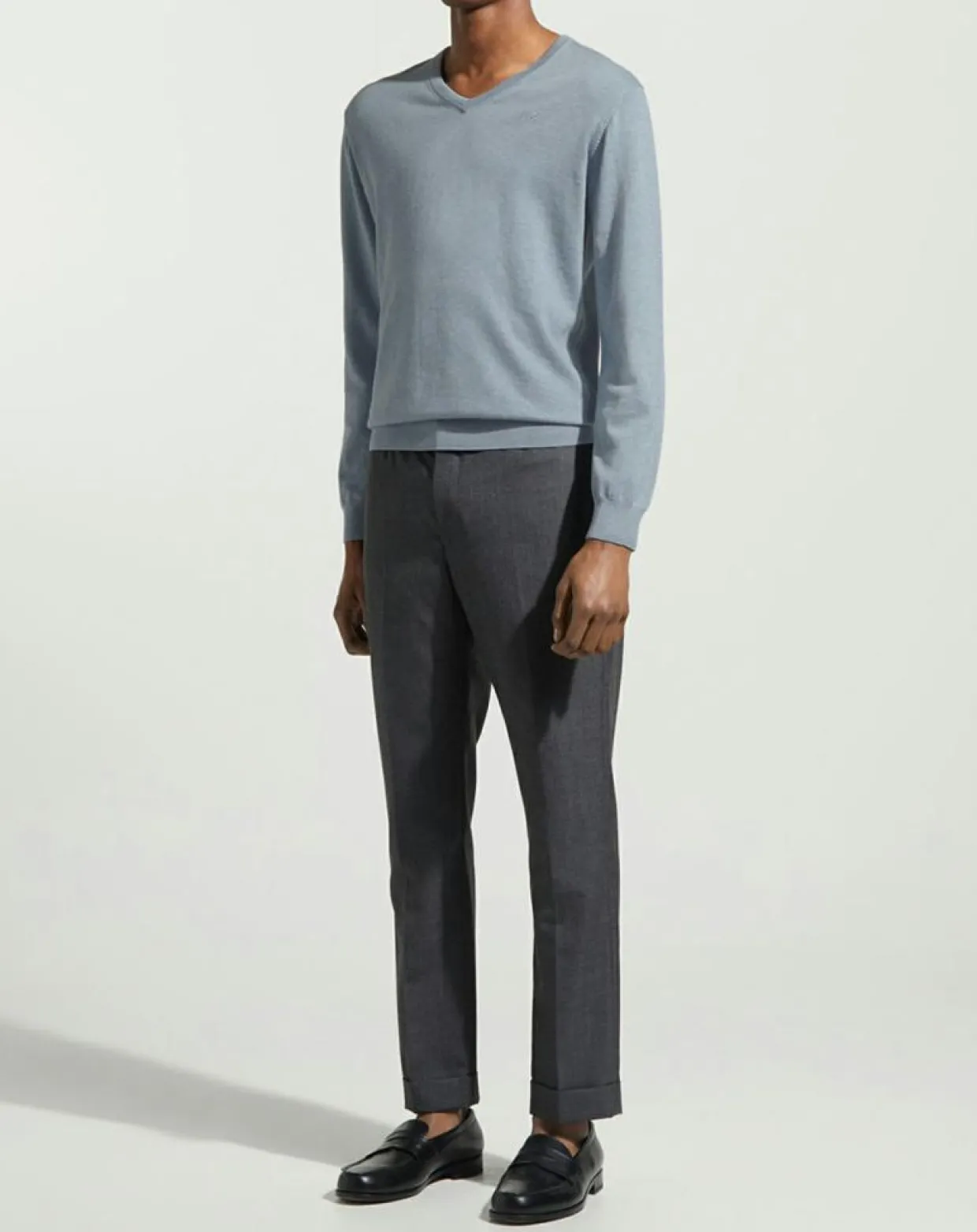 Pull en Coton & Soie col V bleu moyen chiné-Hackett London New