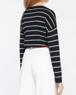 Pull en Laine & Cachemire Julianne à rayures noir/gris-Yerse