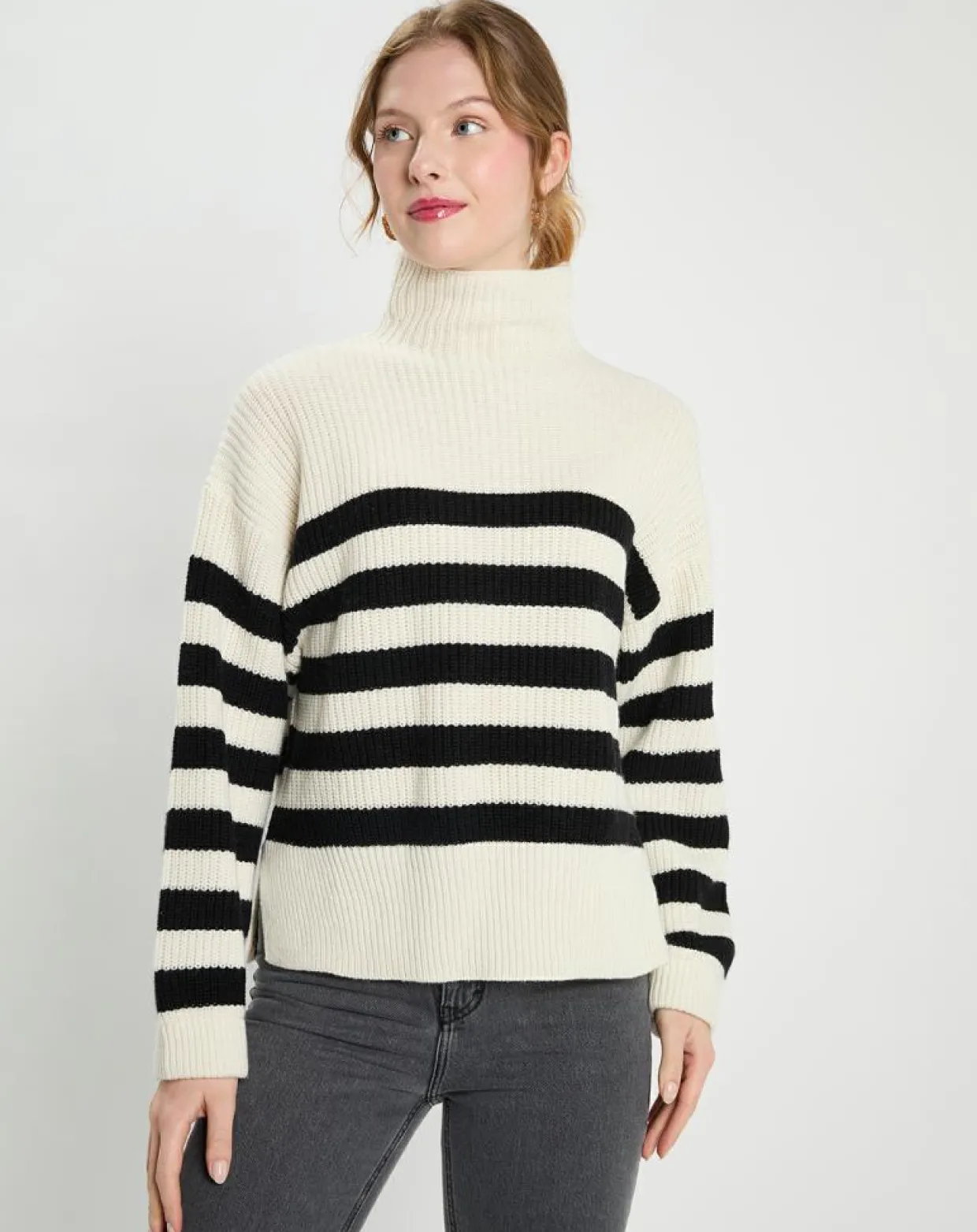 Pull en Laine & Cachemire Sydney rayure écru/noir-Galeries Lafayette Clearance