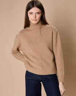 Femme Oscar et Louise Pulls^Pull en Laine & Cachemire Ambre col montant 4 côtes camel