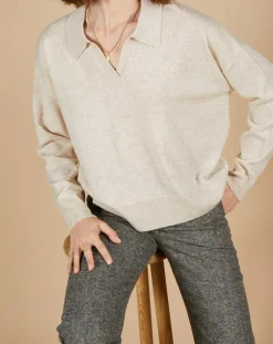 Pull en Laine & Cachemire Paloma col polo beige chiné-Cashmere Tribu Online