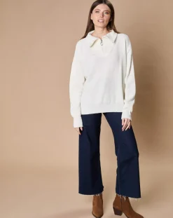 Femme Oscar et Louise Pulls^Pull en Laine & Cachemire mélangés Maia 1/2 zip écru