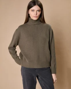Pull en Laine & Cachemire Ambre col montant 4 côtes kaki-Oscar et Louise Clearance