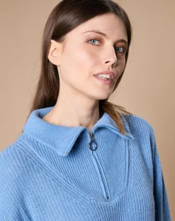 Femme Oscar et Louise Pulls^Pull en Laine & Cachemire mélangés Maia 1/2 zip bleu