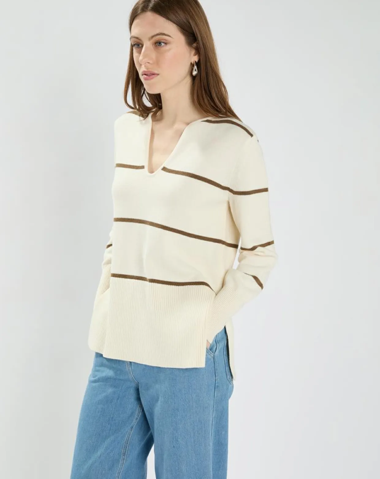 Pull en Laine & Coton Nolyn rayures écru/kaki-Zapa New