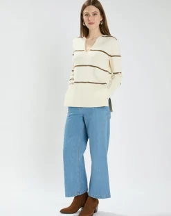 Pull en Laine & Coton Nolyn rayures écru/kaki-Zapa New