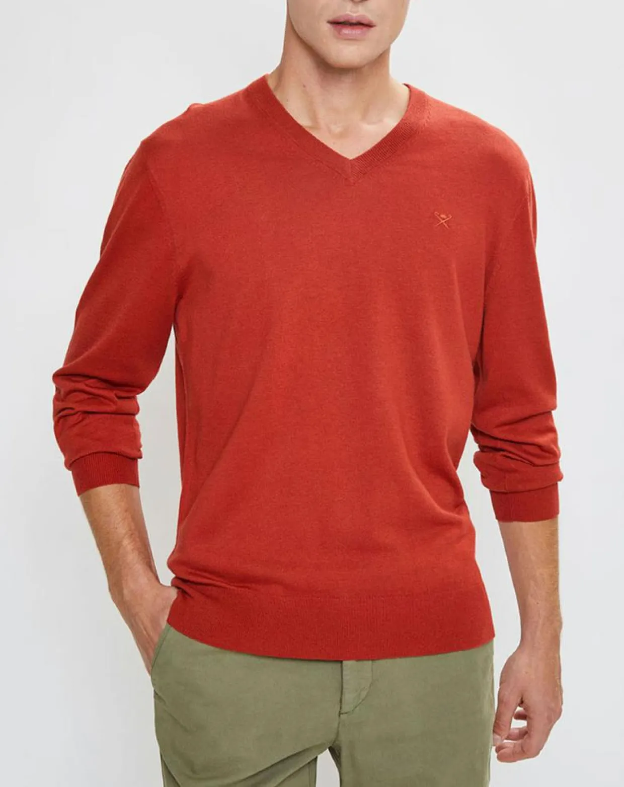 Pull en Laine mélangée col V coudières orange/rouge-Hackett London Clearance