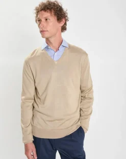 Pull en Laine Mérinos & Soie col V beige-Hackett London Best