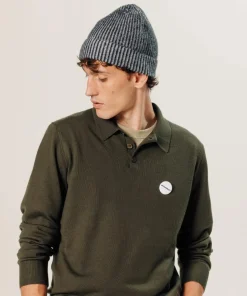 Pull Grégoire 100% laine col polo vert kaki-Rodier Discount