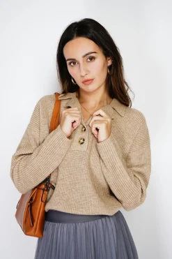 Pull large en Cachemire mélangé col polo désert-Assuili Outlet