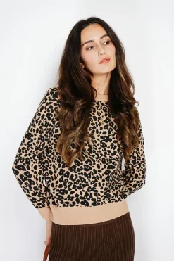 Pull large en Cachemire mélangé col rond léopard camel/marron-Assuili Discount