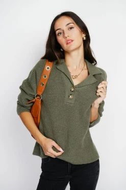 Pull large en Cachemire mélangé col polo kaki-Assuili Hot