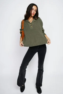 Pull large en Cachemire mélangé col polo kaki-Assuili Hot