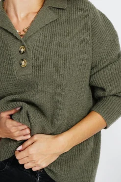 Pull large en Cachemire mélangé col polo kaki-Assuili Hot