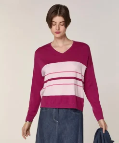 Pull Mafalda 100% Laine col V rayures violet cassis-Rodier Sale
