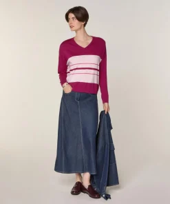 Pull Mafalda 100% Laine col V rayures violet cassis-Rodier Sale