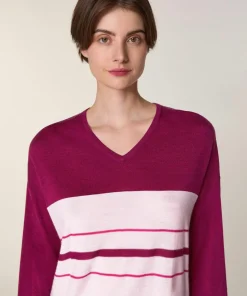 Pull Mafalda 100% Laine col V rayures violet cassis-Rodier Sale