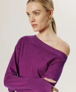 Pull Mauricette 100% laine épaule nue asymétrique rose fuchsia-Rodier Sale