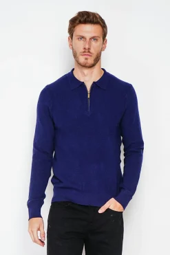 Pull polo demi zippé bleu nuit-C&Jo Discount
